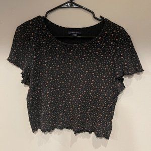 American Eagle Dark Black Floral Crop Top with Lettuce Hem